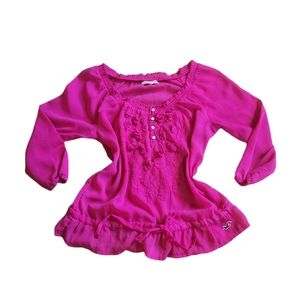 Hollister Womens Hot Pink Sheer 3/4 Sleeve Floral Embroidered Top Size M